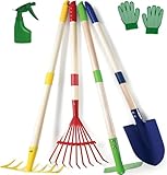LATERN 6 Pièces D'outils de Jardinage pour Enfants, 71CM Métal Grande Pelle Râteau Houoche Feuilles Râteau avec Bois Manche, Arrosoir, Gants - pour Enfants Extérieur Jardin Cour Pelouse Creuser Jouer