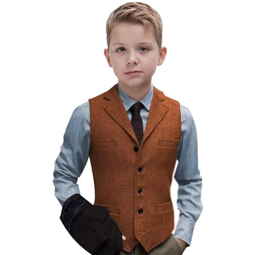 Boys Vest Tweed Formal Dress Herringbone Suit Vest for Teen Vintage Wedding Homecoming Waistcoat Slim Fit