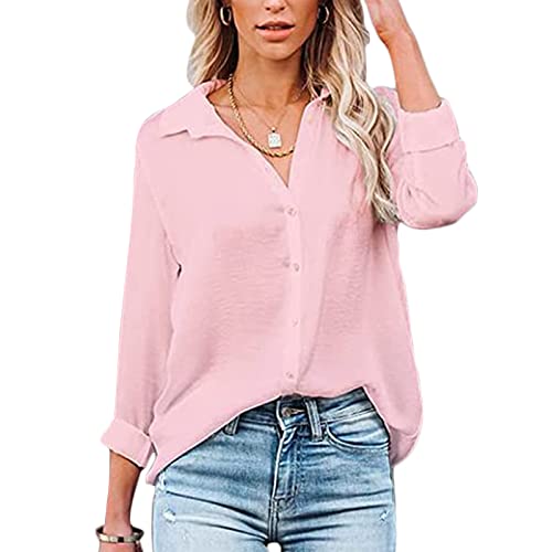 Baynetin Blusa y Camisas Mujer con Cuello en V Manga Larga/Corta y Botones Camisas, Estilo Casual y de Vestir Camisetas, Corte Suelto, Color Liso Blusas (Rosa, S) Cover