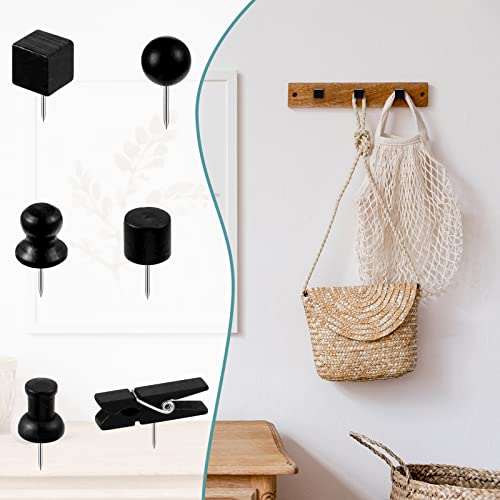 220 Pieces 6 Types Wooden Push Pins For Cork Board Decorative Thumb Tacks Wooden Head Pin Steel Point Pushpin Wood Map Tacks Marking Pin For Bulletin Board Paper Photo Poster (Black) #TOP2