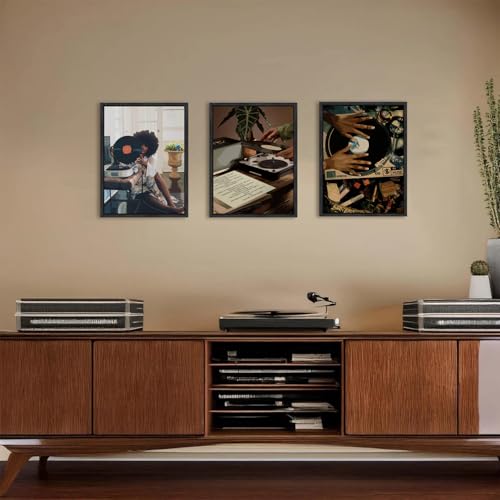 Black Girl Wall Art Decor Modern Black Woman Painting Prints, Set of 3 African American Music Record Player Poster Canvas Artwork for Bedroom Living Room 16x24 inch PS Framed by YFvrPt - Used condition - Image 5