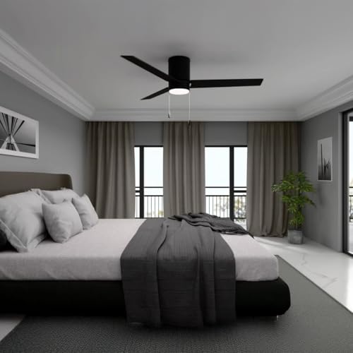 East Grove Home Heritage 52in 3-Blade Pull Chain Flush Mount Fan 2700K-3000K-4000K-5000K-6000K CCT Selectable LED Light Kit with Black Hardware with Reversible Blades in Weathered Wood or Black by East Grove Home - Used condition - Image 3