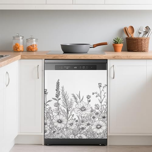 Image of Dishwasher Cover,Black and White Wildflower Reusable Dishwasher Magnet Cover,Decorative Modern Minimalistic Line Drawings Magnetic Refrigerator Cover Front Panel Cover for Kitchen Decor 23x26 Inch
