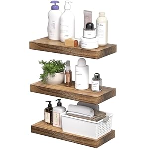Floating Shelves for Wall,16 Inch 1.6”Thick Set of 3,Rustic Natural Solid Wood Shelf,Bathroom Shelf for Wall Invisible Bracket Mount,Room Decor for Living Room,Kitchen,Bedroom (Brown)