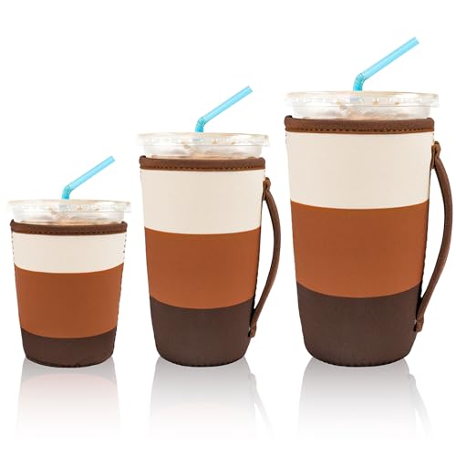 Image of KJQJLY 3 Pack Reusable Iced Coffee Sleeves for Iced Coffee Cups or Drinks Reusable Neoprene Insulated Sleeves for Hot and Cold Drinks from Starbucks, Dunkin, And More (Mocha Brown)