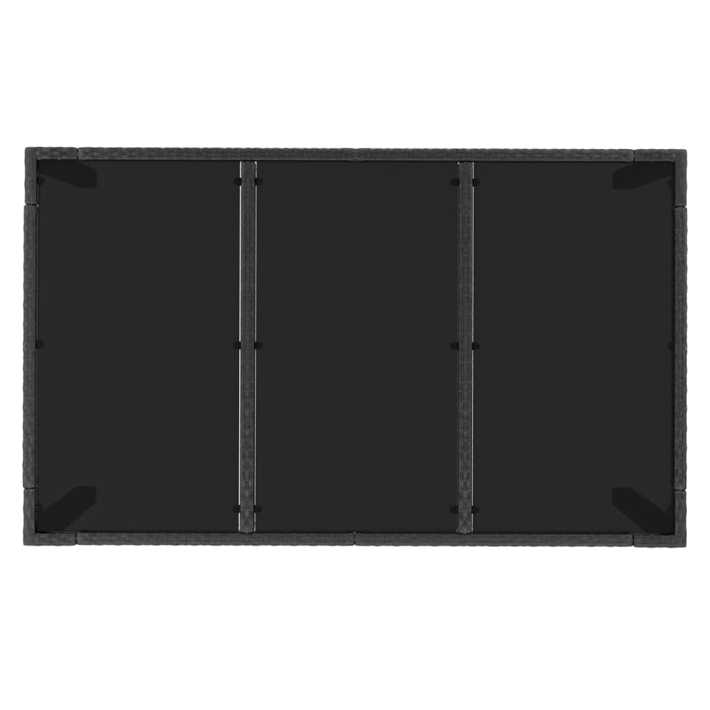 Mesa de jardín de ratán de polirratán, color negro, 150 x 90 x 75 cm, con placa de cristal duro, marco de acero pulverizado, diseño impermeable para terraza y jardín, fácil montaje