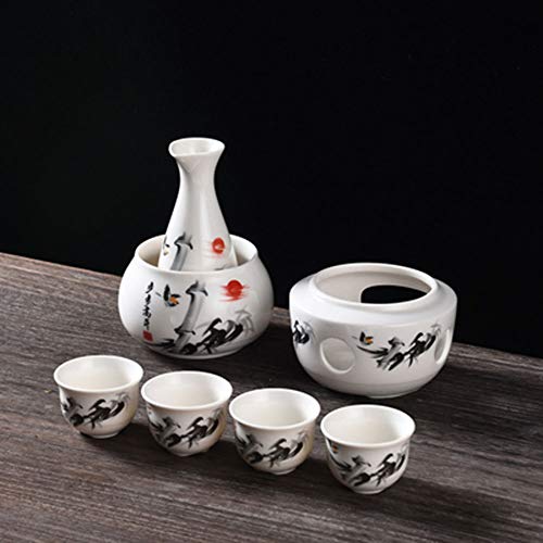 Uziqueif Sake Warmer Set and Cups with Warmer Traditional Porcelain Japanese Pottery Hot Saki Drink Set Kit 7-Piece Include 1 Stove 1 Warming Bowl 1 Sake Bottle 4 Cup Candle NOT IncludedE