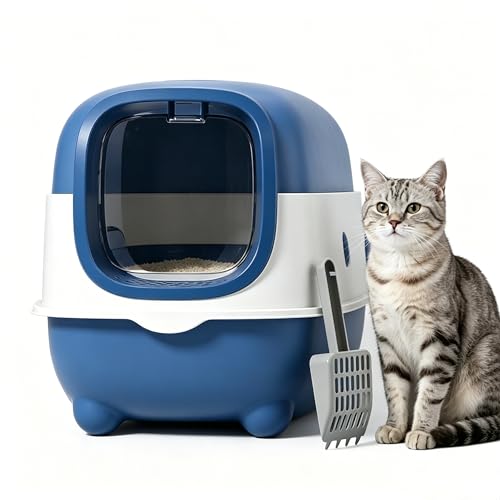 Arenero para gato redondo con cajón, entrada frontal, anti salpicaduras, azul miniatura 1