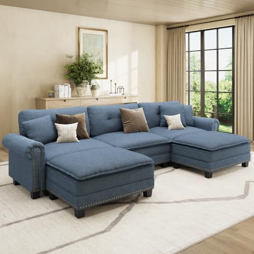 Image of HERA'S HOUSE 116 inch Oversized U Shaped Modular Sectional Couch Living Room | Mid-Century Modern 5-Seater Cloud Sofa, Blue, Rolled Arms & Nailhead Trim, Wider & Deeper Seats, Ottoman, Linen