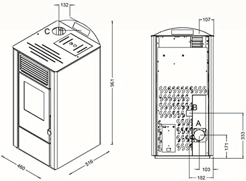 Technical drawing showing the dimensions of the Apex Pellet Stove 9.5 kW.