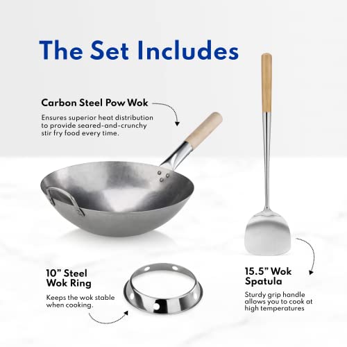 New-Star-Foodservice-1028720-Carbon-Steel-Pow-Wok-Set-with-Wood-and-Steel-Helper-Handle-Hand-Hammered-Includes-14-Round-Bottom-Wok-Wok-RackRing-and-Spatula-Hand-Wash-Recomended