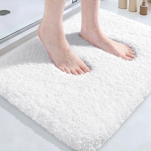 Microfiber Thick Bathroom Rugs, Flurry Non Slip Bath Rug, Ultra Soft Plush Absorbent Bathroom Mat, Machine Washable Luxury Toilet Rug Set, Bath Mat for Tab, Shower and Bathroom, White, 32"x20"