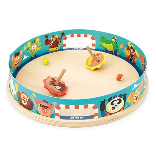 Janod - Peonzas Arena Applepop - Juego de Habilidad Infantil - 1 Arena + 2 Peonzas con Lanzadores + 2 Canicas de Vidrio - Estimula la Destreza - Juguete de Madera FSC - A Partir de 4 Años, J03355