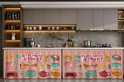 Image of Under Sink & Counter Curtain for Modular Kitchen - Printed Fabric Rod Pocket Hanging Skirt, Washable Under-Counter Cover, Pack of 2 Panels (Each Panel: 150 x 70 cm) (Kitchen Street)