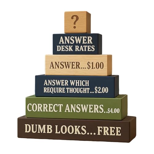 Funny Office Desk Sign: Answer Desk Rates Stacking Blocks - Humorous Coworker Gift - 5.9 Inches Wooden Desk Accessories Decor with Question Mark Cube