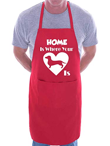 Image of Print4U Home Is Where Your Dachshund Is Apron Cooking Novelty BBQ Gag Gift Present For Dog Lover Ladies Mens Red
