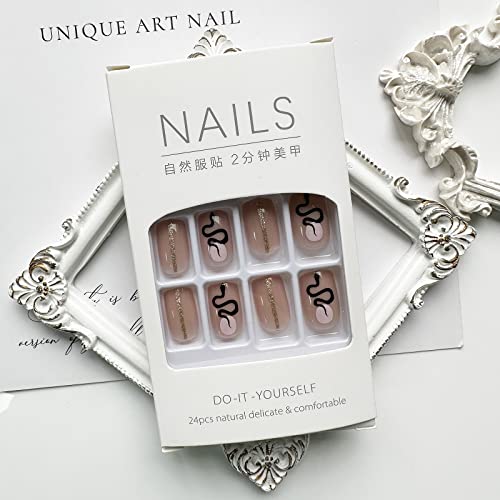 Black French Tip Press On Nails Short Square Fake Nails Glossy Nude Glue On Nails Full Cover Coffin False Nails With Snake Star Moon Designs Black Nail Tips Acrylic Stick On Nails For Women Girls #TOP1