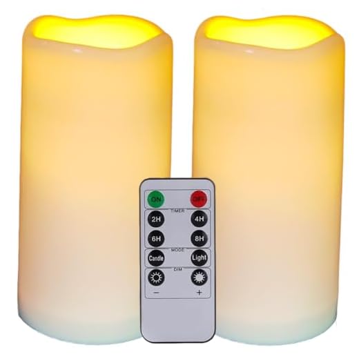 HjingChen 2 Stück Wasserdichte flammenlose Kerzen mit Fernbedienung und Timer,Outdoor-Batterie Betriebene Plastik LED Kerzen elektrische Säulenkerzen für Camping, Hochzeiten
