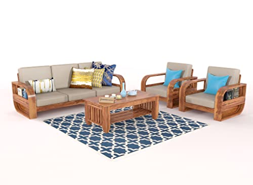 Image of Wooden 5 Seater Sofa Set for Living Room, Five Seater Sofa for Office & Lounge, 3+1+1 Seater Sofa Sets for Home, Sheesham Wood (Honey)
