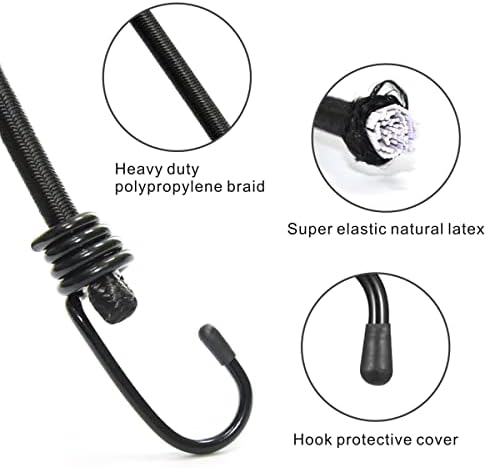 BEXSLE Bungee Cords with Hooks, Heavy Duty Outdoor Elastic Bungee Straps,No Odour Industrial Grade Bungee Rope for Securing Tarps, Luggage, Tents, Bikes or Garden Tidying 24inch 4Pcs (Black) - 2