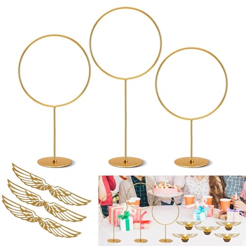 Metal Round Hoop Centerpiece with Stand for Themed Party Decorations, Gold Floral Hoop Centerpieces, Gold Ring Decoration for Table, Wreath Ring Centerpiece