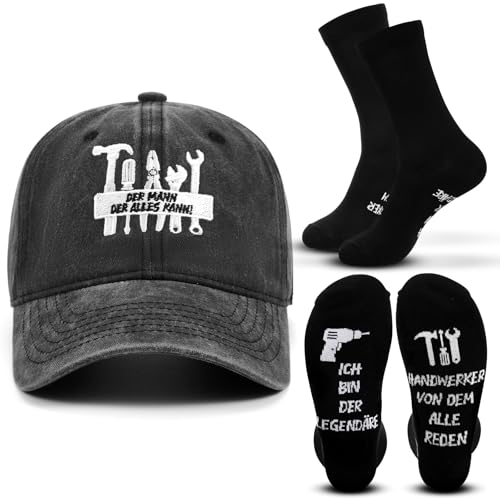 Jadive 2 Pezzi Divertenti Regali di Pesca per Uomini Berretto da Baseball Calzini Regalo per Compleanno Natale Papà Marito(Handwerker)