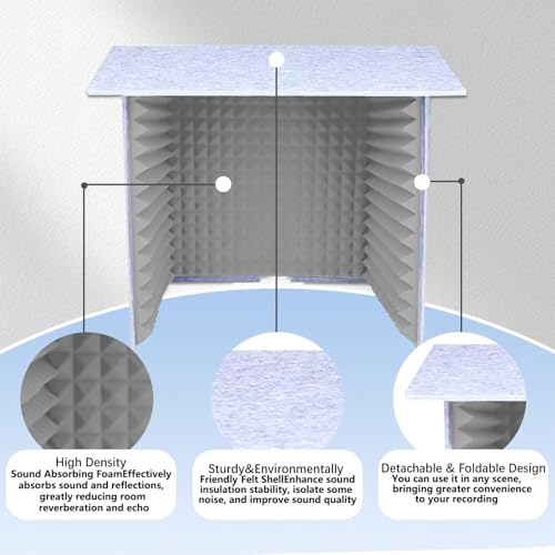 Escudo de aislamiento de sonido plegable, cabina vocal de escritorio portátil con paneles acústicos, fácil montaje, reducción de ruido y mejora del sonido para estudio de grabación, gris, 23.6in miniatura 2