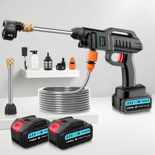 Viugreum Electric Pressure Washer with 6-in-1 Nozzle, 21V Battery Operated Cordless Power Washer with 5M Hose, 62Bar 270L/h, High-Pressure Jet Wash Tool with Foam Cannon & Vario Lance for Car Patio