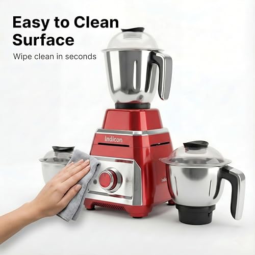 Image of indicon Thar 1HP (1000 Watts) Mixer Grinder, 3 Jars, Red | Heavy Duty Copper Motor for Grinding, Blending & Mixing | Stainless Steel Blades, Multi-Speed, Durable Kitchen Power Tool