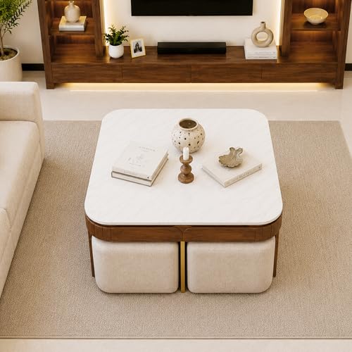 Image of The Attic Carlston Coffee Table for Living Room, Solid Wood Centre Table with Ceramic Top, Tobacco Brown Finish