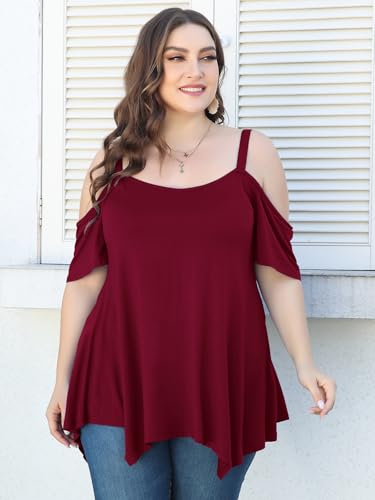 Image of LARACE Cold Shoulder Tops for Womens Summer Clothes Spaghetti Strape Tunic Oversized Shirts Asymmetrical Plus Size Blouse