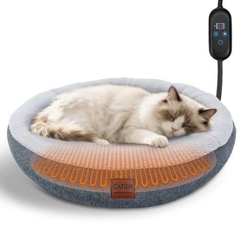 CATISM Lit Chauffant Auto-Chauffant pour Chat et Petit Chien d'intérieur - Lit Chauffant en Forme de Donut avec minuterie et température réglable - Tapis Chauffant pour Chat avec Fond antidérapant