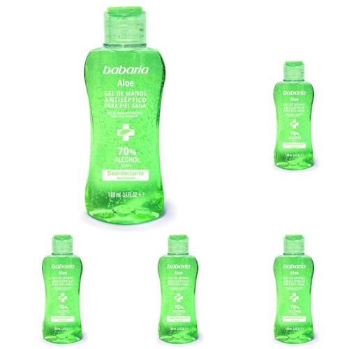 Babaria - Gel de Manos Antiséptico Aloe, Gel de Manos Desinfectante, con Aloe y Jojoba, Protege, Cuida e Hidrata la Piel, con Perfume Floral, 70% de Alcohol, Sin Aclarar - 100 ml (Paquete de 5)