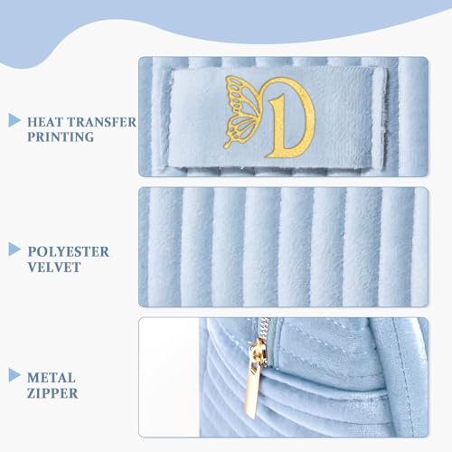 Image of COSHAYSOO Travel Makeup Bag Quilted Make Up Pouch Initial Velvet Cosmetic Case with Butterfly Decorations for Women Birthday Party Favor Supplies Cool Popular Easter Valentines Gifts Blue Letter D