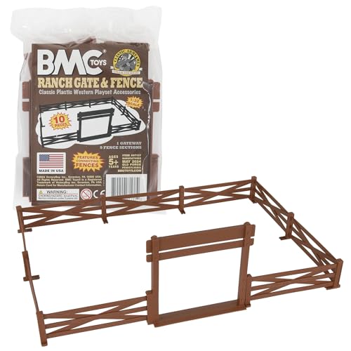 BMC Classic Marx Farm Ranch Fence & Gate - Brown 10pc Plastic Playset Accessory