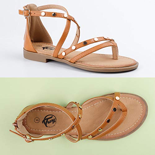 Trary Rivets Studs Flat Sandals For Women Dress Shoes Brown 08 #TOP2