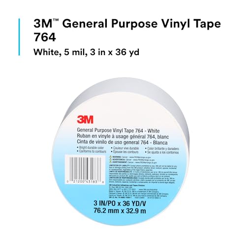 Image of 3M Vinyl Tape 764, General Purpose, 3 in x 36 yd, White, 1 Roll, Light Traffic Floor Marking Tape, Social Distancing, Color Coding, Safety, Bundling