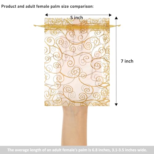 Image of Staruby Organza Gift Bags 100Pcs Gold Sheer Organza Bag 5x7 Inch Mesh Favor Bags Drawstring Jewelry Rattan Printed Gift Pouches for Wedding Party Favors Couple Shower Gifts Candy Bags