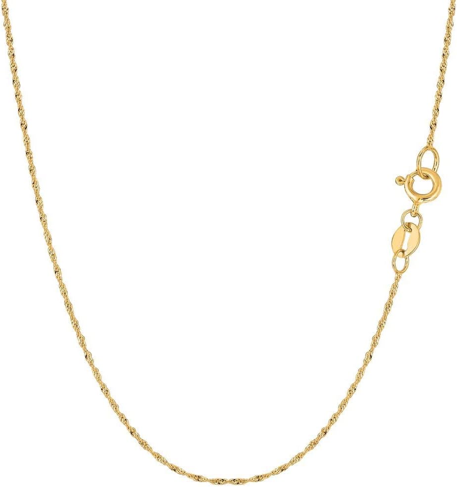 14K Yellow or White Gold 1.00mm Shiny Diamond-Cut Classic Singapore Chain Necklace for Pendants and Charms with Spring-Ring Clasp (7" 16" 18" 20" 22" or 24" inch