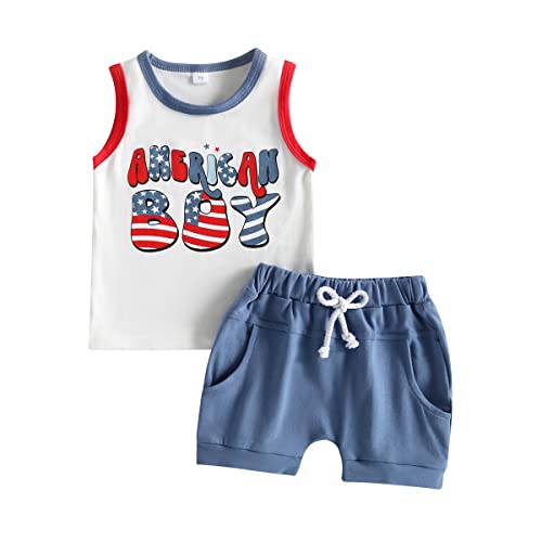 Image of FYBITBO 2Pcs Baby Boys Summer Clothing Sets Cute American Boy Print Sleeveless Tank Tops T-Shirt+Pocket Shorts Outfits (American Boy Fourth of July Outfit,6-12 Months)