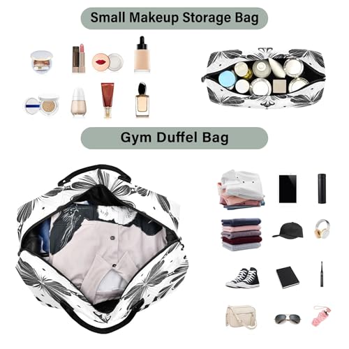 Black and White Symmetrical Floral Travel Duffel Bag for Women Weekend Overnight Dag with Toiletry Bag, Luggage Bag for Travel, Sport, Gym4