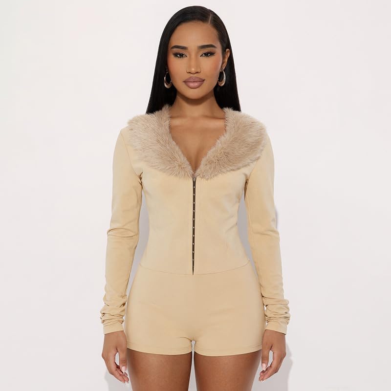 Womens Sexy Faux Fur Romper Deep V Neck Buckle Long Sleeve Shorts Jumpsuit Y2K Bodycon Club Outfit Going Out - Image 3