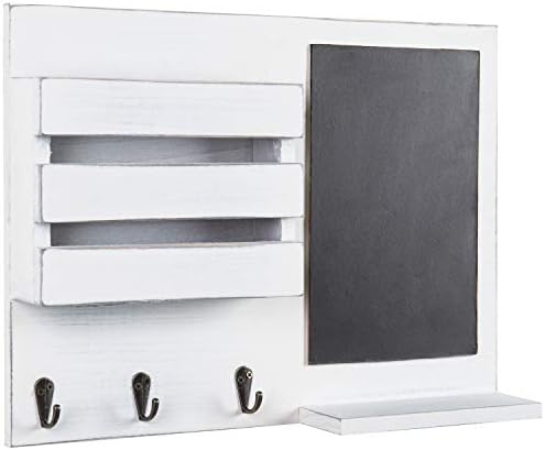 MyGift Wall Mounted Vintage White Solid Wood Mail and Key Holder Organizer Rack with Chalkboard Memo Board and 3 Key Hooks