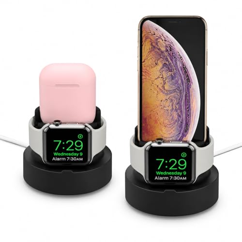Image of Mizi 3in1 Charging Stand for Apple Watch Charger & AirPods Holder Dock, Silicone Desk Organizer for Apple Watch S 11 /10 /9 /8 /Ultra /SE and AirPods 4 /3 /2 /1 Pro, Phone Stand & Cable Management - Black