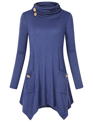 Cute Fall Clothes for Women Plus Size, Hibelle Ladies Winter Turtle Neck Tunic Tops Cotton Long Sleeve Stretchy Soft Loose Comfy Flowy Shirts Fashionable Fashion Blouses Blue Medium