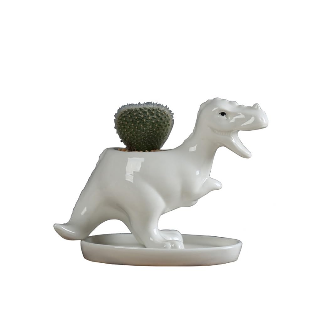 GELASIGE Flower Pots Creative Dinosaur Succulent Flower Pot, Home Gardening Flower Pot, Office Desk Ceramic Flower Pot With Tray Outdoor Flower Pots(A)
