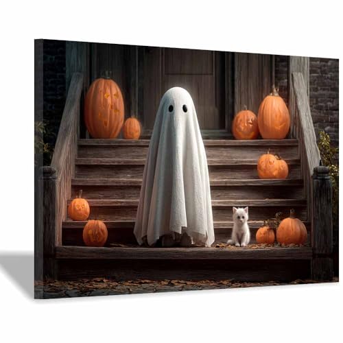 Toile Canvas Halloween Citrouille Fantôme Tableau Encadré Grand Format Modèle Blanc33