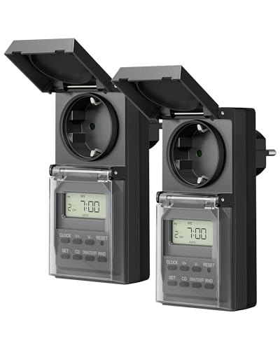 DEWENWILS Zeitschaltuhr Steckdose Aussenbereich, Zeitschaltuhr Steckdose Outdoor Digitale IP44 mit Zufallsfunktion, 20 Schaltprogramme für Weihnachtsdeko, Teichpumpe, 16A/3680W, 2 Pack