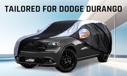 Image of Dodge Durango Car Cover Waterproof All Weather with Silver Strip Design, Custom Fit for Dodge Durango 2005-2025, Durango Accessory with Door Zipper & Windproof Straps