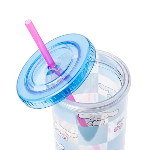 Image of Silver Buffalo Sanrio Hello Kitty and Friends Cinnamoroll Cherry Blue Checkered Plastic Cold Cup with Lid and Straw, 20 Ounces | Hello Kitty and Friends, Cinnamoroll, Blue Checkered, Includes Lid and Straw, 0.59 Liters